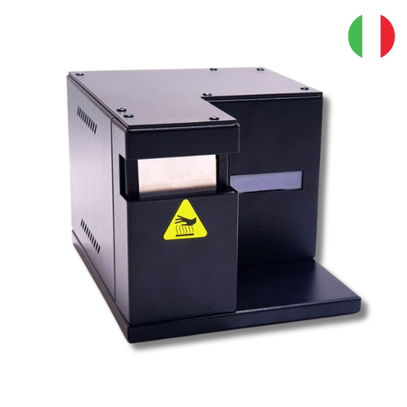 Compact countertop packaging machine that heat-seals polythene sheets around disc cases or small boxes for a clean, professional finish.